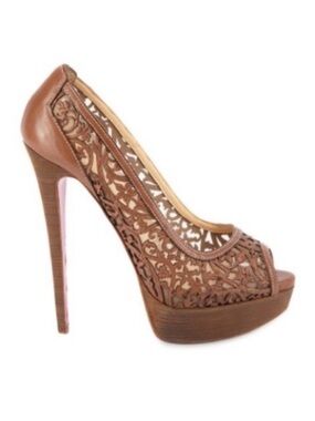 Christian Louboutin Pampas Tan Floral Lasercut Lady Peep Heel | 39
